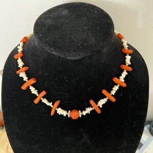 925 SS Natural Mediterranean Coral Branch ,Pearls, Hematite Necklace